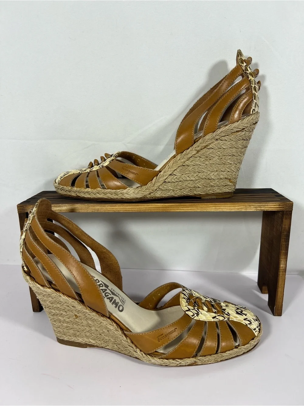 7051: Salvatore Ferragamo Python Leather Espadrille Wedges Size 9C
